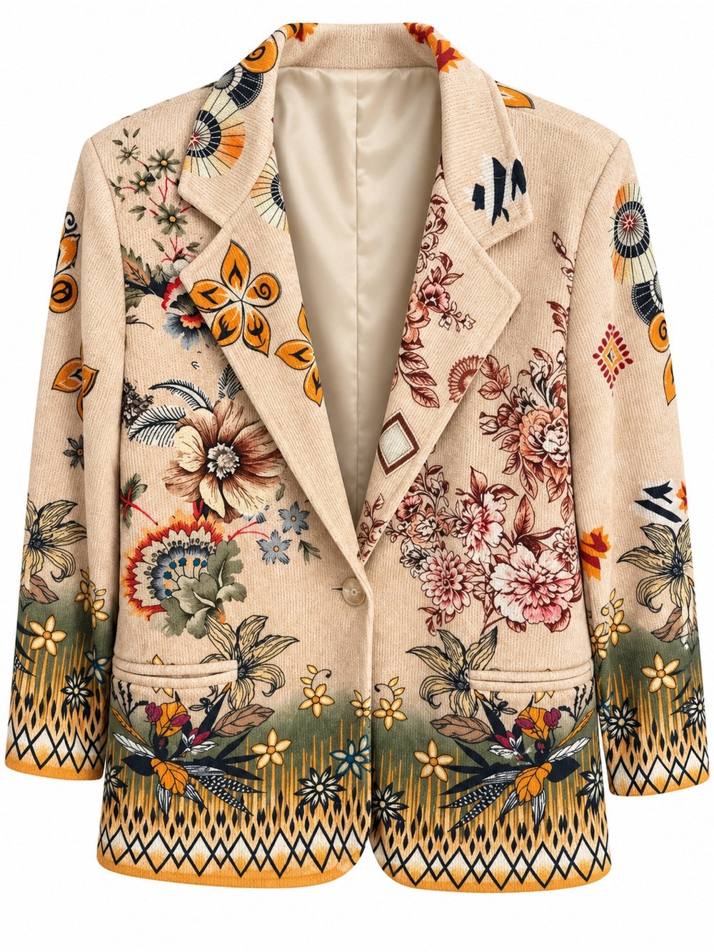 F44. From Italy 🇮🇹 Beige Floral Patterned Single-Button Blazer Jacket